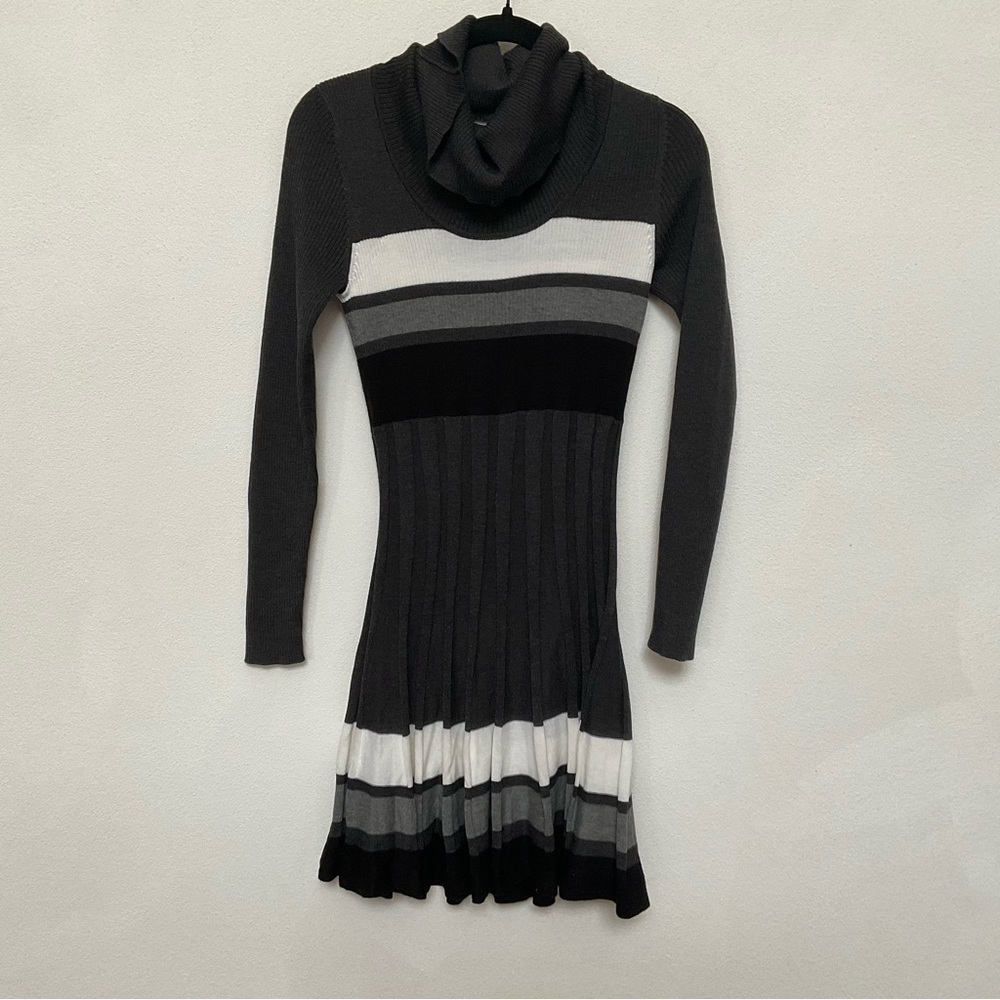 Calvin Klein Black, White, Grey Striped Long Sleeve Cowl Sweater Dress Size S